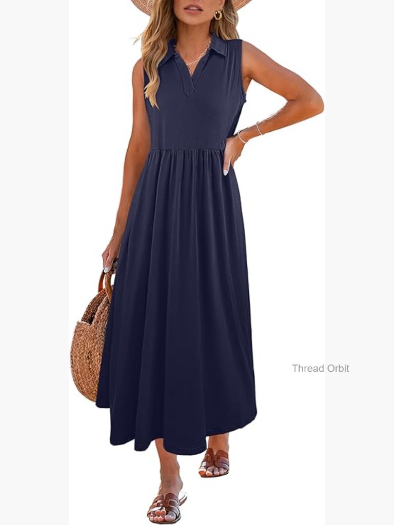 Casual Maxi Dress Sleeveless V Neck A-Line Flowy Beach Summer